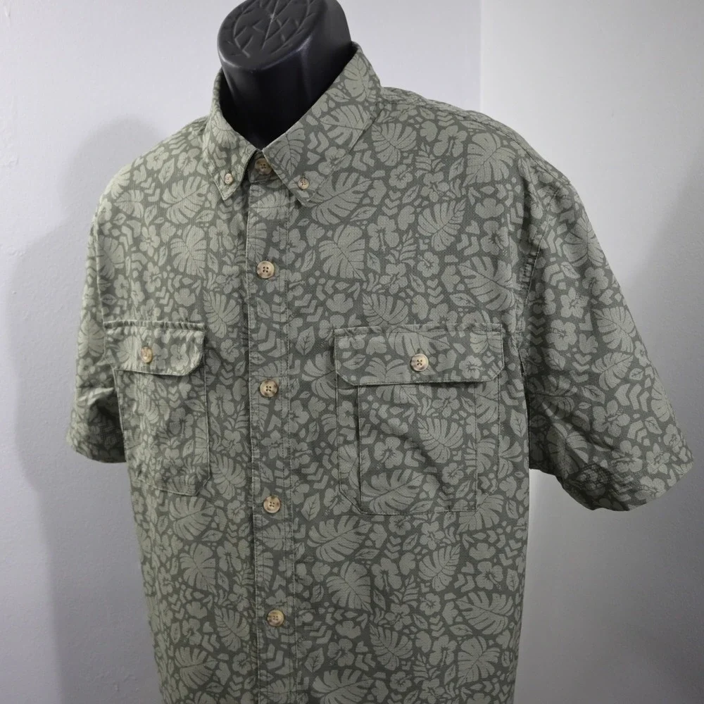 Duluth Trading Co Vented Fishing Shirt Mens 2XL Relaxed Fit Green Tropical Leaf